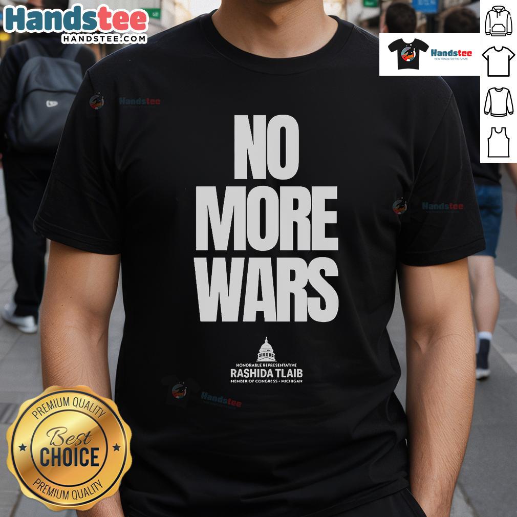 Official No More War Rashida Tlaib T-Shirt featuring bold design and message promoting peace and activism.