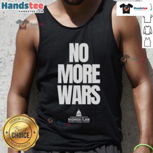 Rashida Tlaib wearing an 'Official No More War' tank top, promoting peace and activism in a vibrant design.