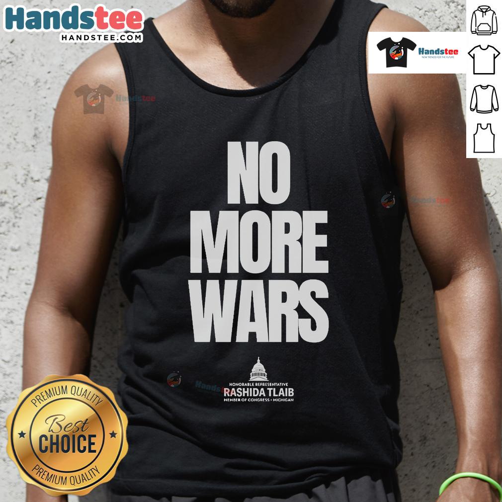 Rashida Tlaib wearing an 'Official No More War' tank top, promoting peace and activism in a vibrant design.