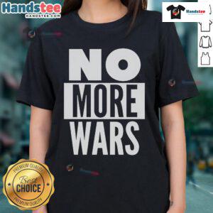 Official No More Wars Iran Ladies Tee featuring a bold design promoting peace and unity for women's fashion.