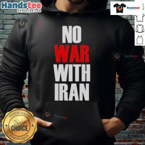 Official No War With Iran Hoodie featuring a bold message on a stylish black design, perfect for expressing peace.