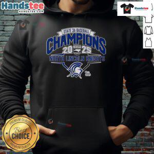 Alt Text: Official North Lincoln Knights 2025 NCHSAA 3A Baseball Champions hoodie featuring team logo and championship design.