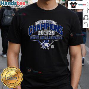 North Lincoln Knights 2025 NCHSAA 3A Baseball Champions T-Shirt featuring team logo and victory graphics.