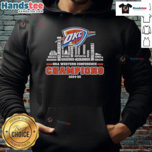 Alt Text: Official Oklahoma City Thunder 2024-2025 NBA Western Conference Champions Skyline Hoodie in vibrant team colors.