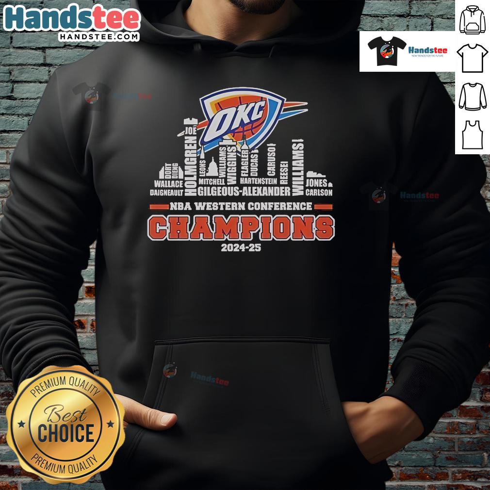 Alt Text: Official Oklahoma City Thunder 2024-2025 NBA Western Conference Champions Skyline Hoodie in vibrant team colors.