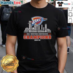 Official Oklahoma City Thunder 2024-2025 NBA Western Conference Champions Skyline T-Shirt showcasing team pride.