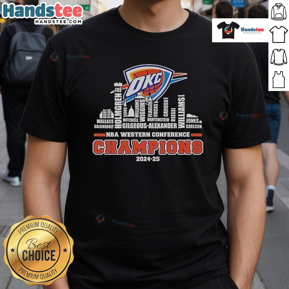 Official Oklahoma City Thunder 2024-2025 NBA Western Conference Champions Skyline T-Shirt showcasing team pride.