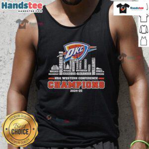 Alt Text: Official Oklahoma City Thunder 2024-2025 NBA Western Conference Champions skyline tank top showcasing team pride.