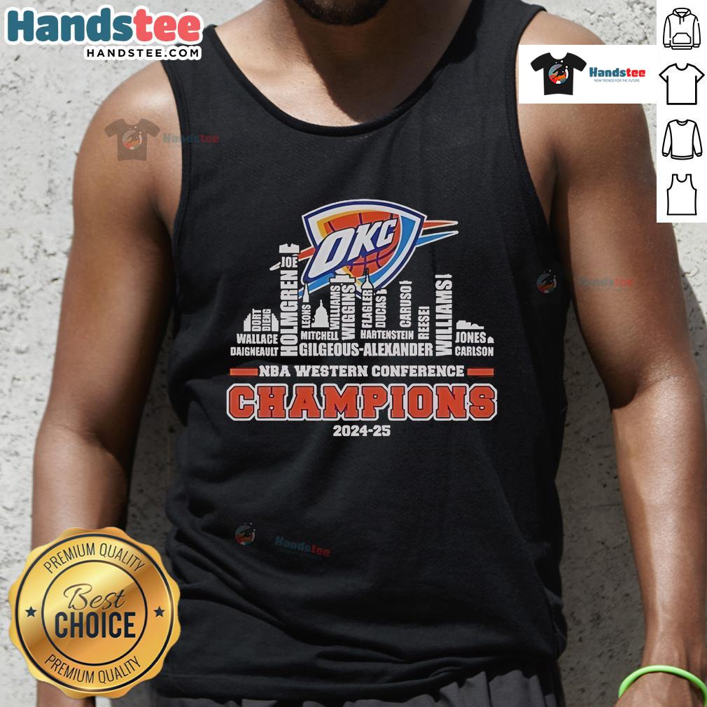 Alt Text: Official Oklahoma City Thunder 2024-2025 NBA Western Conference Champions skyline tank top showcasing team pride.