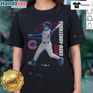 Official Pete Crow-Armstrong Chicago Cubs graphic player ladies tee featuring vibrant team colors and logo.