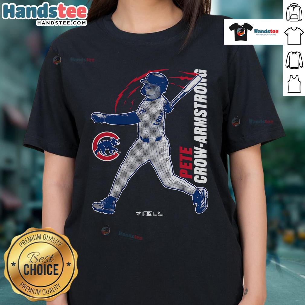 Official Pete Crow-Armstrong Chicago Cubs graphic player ladies tee featuring vibrant team colors and logo.