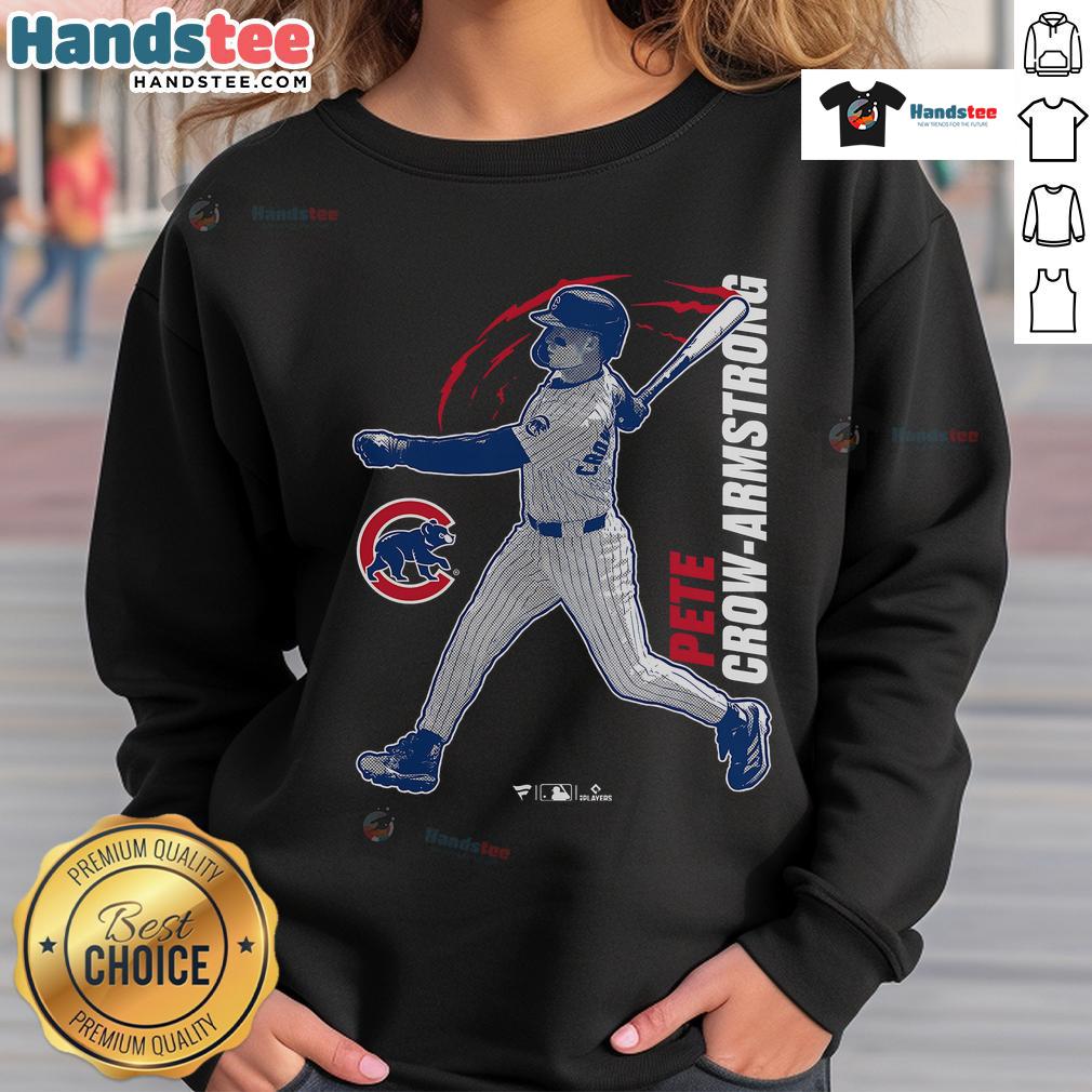 Official Pete Crow-Armstrong Chicago Cubs graphic player sweatshirt featuring team colors and logo design.