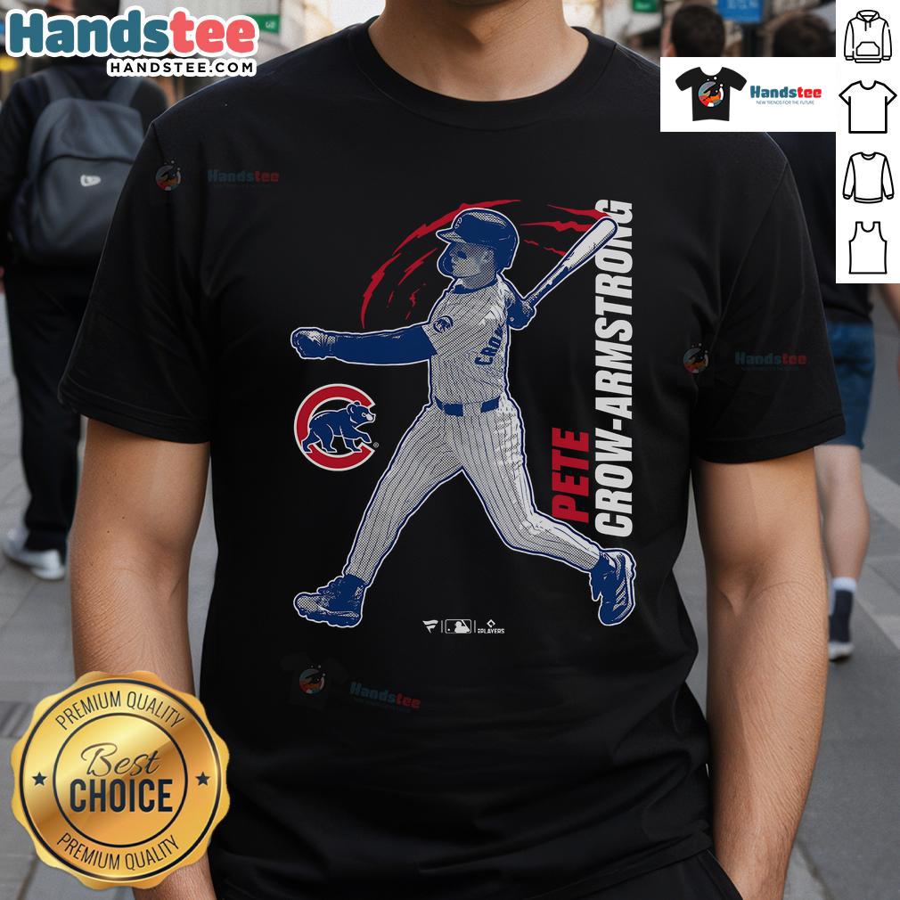Alt Text: Official Pete Crow-Armstrong Chicago Cubs graphic player t-shirt featuring vibrant team colors and player design.