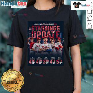 Official Philadelphia Phillies standings update on a 2025 ladies tee, showcasing team pride and style for fans.