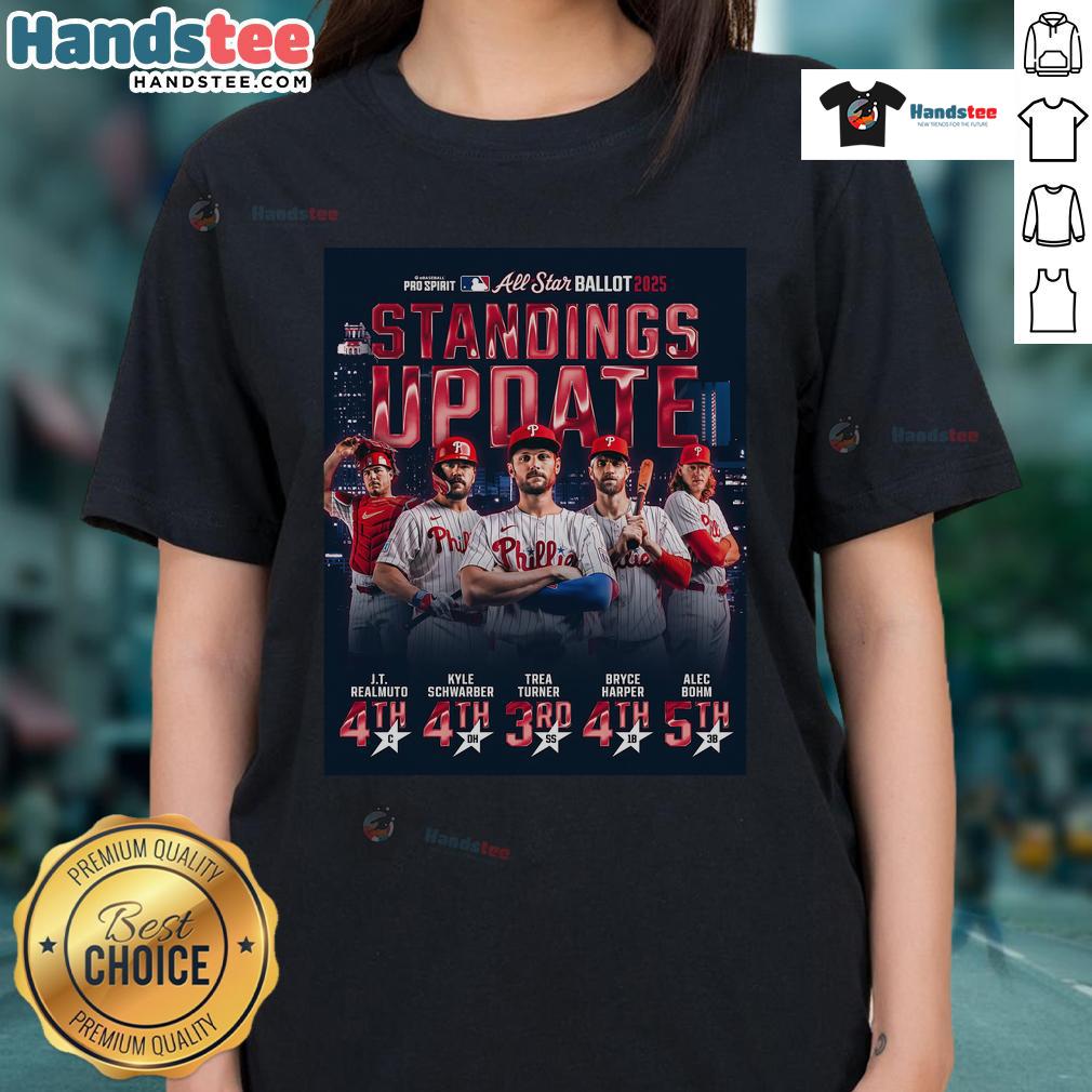 Official Philadelphia Phillies standings update on a 2025 ladies tee, showcasing team pride and style for fans.