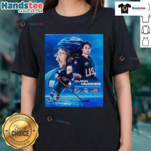 Official Quinn Hughes USA Hockey Winter Olympics 2026 poster on a ladies tee, showcasing team spirit and athletic pride.