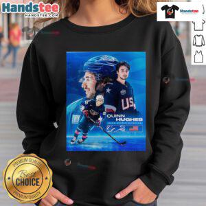 Official Quinn Hughes USA Hockey Winter Olympics 2026 poster sweatshirt featuring vibrant team colors and logo.