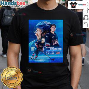 Official Quinn Hughes USA Hockey Winter Olympics 2026 poster t-shirt featuring vibrant graphics and team colors.