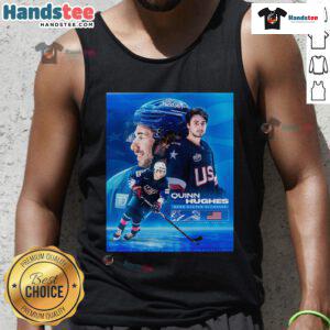 Alt Text: Official Quinn Hughes USA Hockey Winter Olympics 2026 poster tank top featuring vibrant team colors and graphics.
