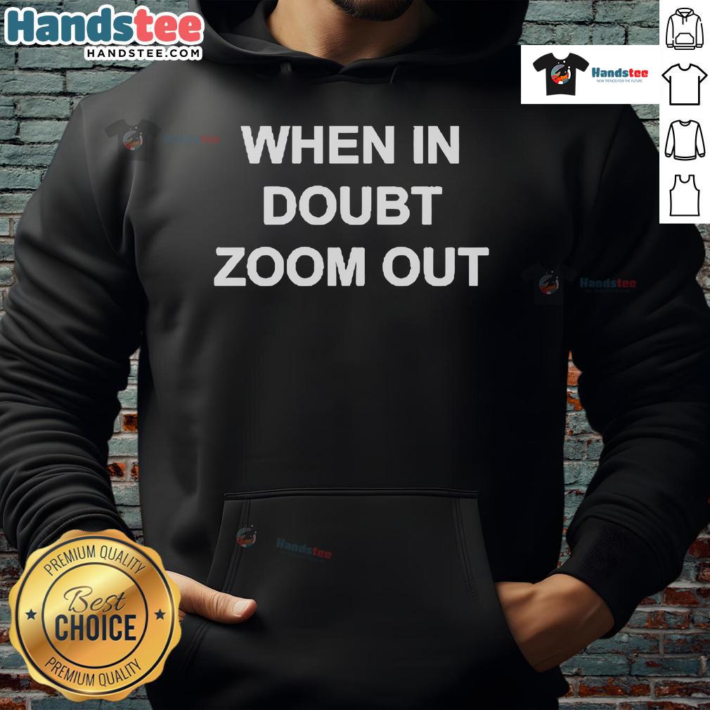 Alt Text: Reggie Watts 'When In Doubt Zoom Out' hoodie featuring vibrant design, perfect for fans of the comedian and stylish apparel.
