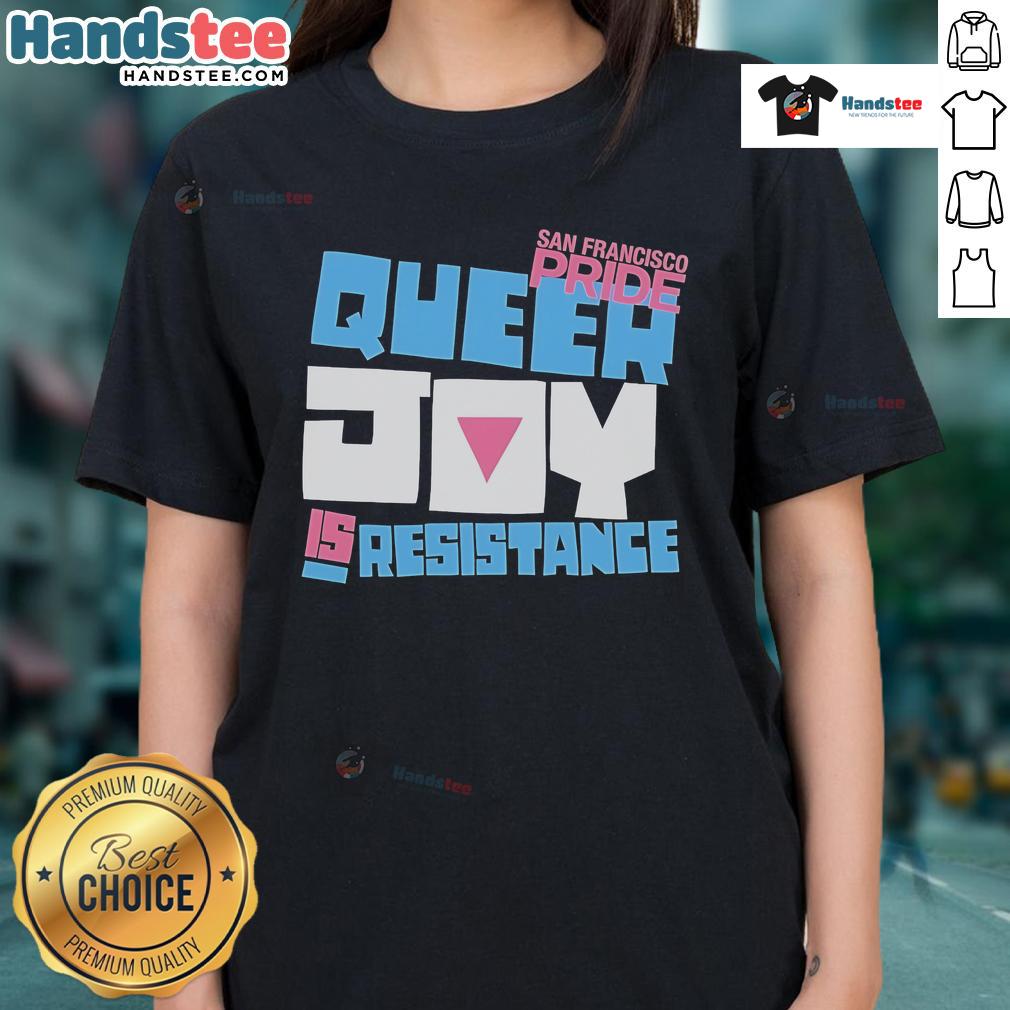 Official SF Pride Queer Joy Is Resistance Tour 2025 Ladies Tee featuring vibrant colors and inclusive design.
