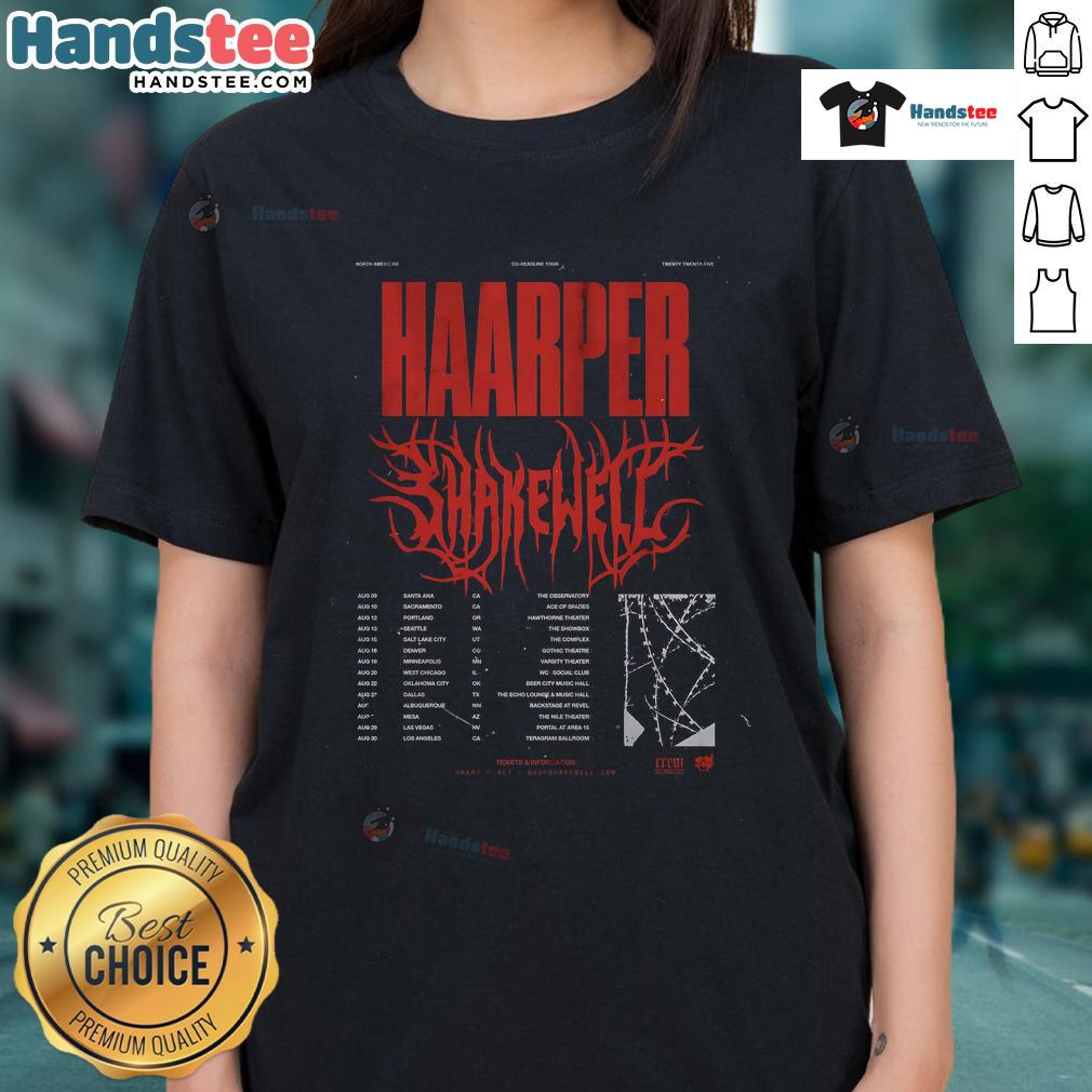 Official Shakewell North American Show 2025 poster on a ladies tee, featuring vibrant graphics and tour details.