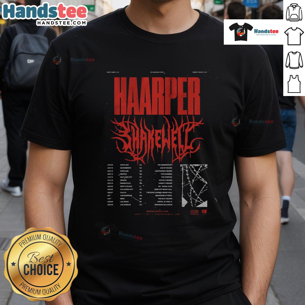 Alt Text: Official Shakewell North American Show 2025 Poster T-Shirt featuring vibrant graphics and event details for fans.