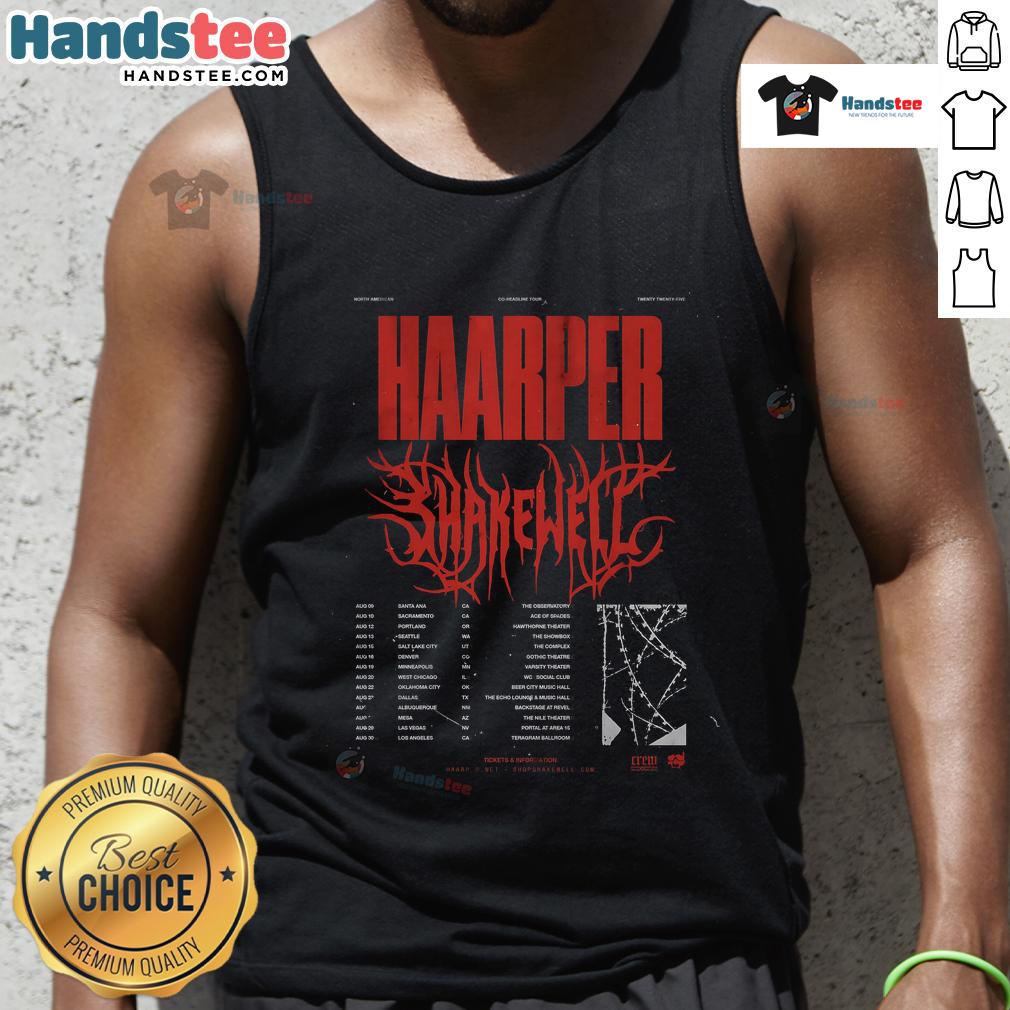 Alt Text: Official Shakewell North American Show 2025 poster design featured on a stylish tank top for fans and concertgoers.