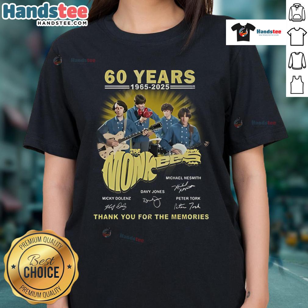 Official The Monkees 60 Years 1965-2025 Thank You For The Memories Ladies Tee in vibrant design celebrating the band.