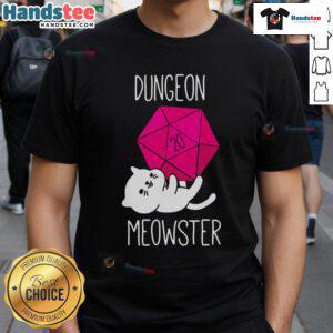 Funny Dungeon Meowster nerdy cat T-shirt featuring a playful cat in a dungeon setting, perfect for cat lovers and gamers.