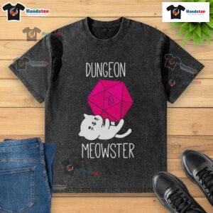 Funny Dungeon Meowster nerdy cat design on a washed T-shirt, perfect for cat lovers and gamers alike.