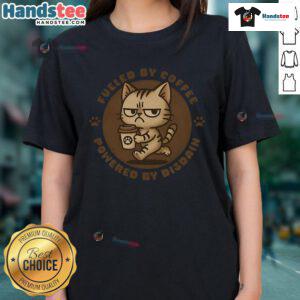 Cute ladies' tee featuring a funny cat graphic fueled by coffee, perfect for cat lovers and coffee enthusiasts.