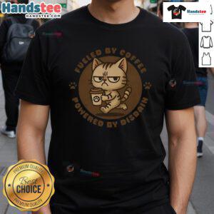 Alt Text: Cute cat graphic on a Fueled By Coffee t-shirt, perfect for coffee lovers and cat enthusiasts.