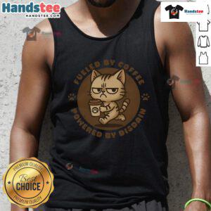Cute cat graphic on a funny Fueled By Coffee tank top, perfect for cat lovers and coffee enthusiasts.