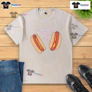 Funny hot dogs graphic on a washed t-shirt, featuring a humorous vet joke about putting dogs down.