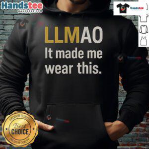Person wearing a humorous 'LLMAO' hoodie, showcasing a funny expression and playful style in a casual setting.