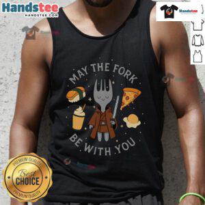 Funny May the Fork Be With You tank top featuring awesome Star Wars food graphics, perfect for fans and food lovers.