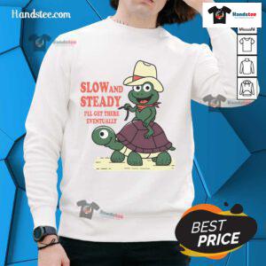 Funny slow and steady cowboy turtle frog sweatshirt with a whimsical design, perfect for casual wear and laughter.