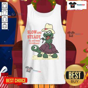 Funny slow and steady cowboy turtle frog design on a tank top, perfect for casual wear and lighthearted fashion.