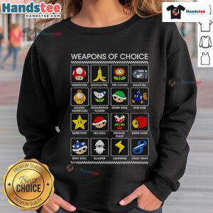 Funny Weapons of Choice Mario sweatshirt featuring vibrant graphics of iconic Mario characters and playful designs.