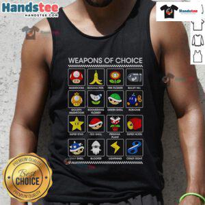 Funny Mario tank top featuring quirky weapons of choice design, perfect for gamers and fans of the iconic franchise.