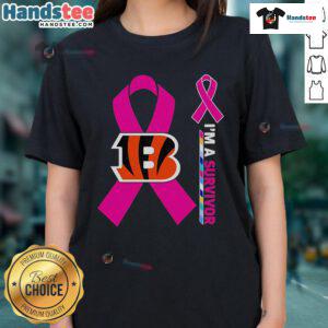 Good Cincinnati Bengals X Cancer Awareness 'Im A Survivor' Ladies Tee showcasing support for cancer survivors.