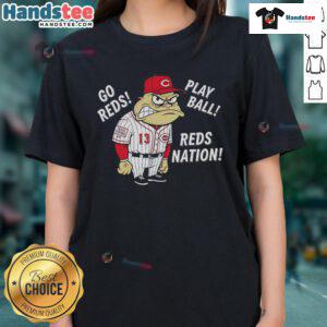 Alt Text: Good Cincinnati Reds Frog Go Reds Play Ball Ladies Tee featuring a fun frog design for baseball fans.