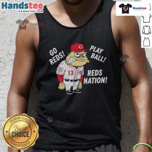 Good Cincinnati Reds frog wearing a tank top, cheering 'Go Reds! Play Ball!' for Reds Nation baseball fans.