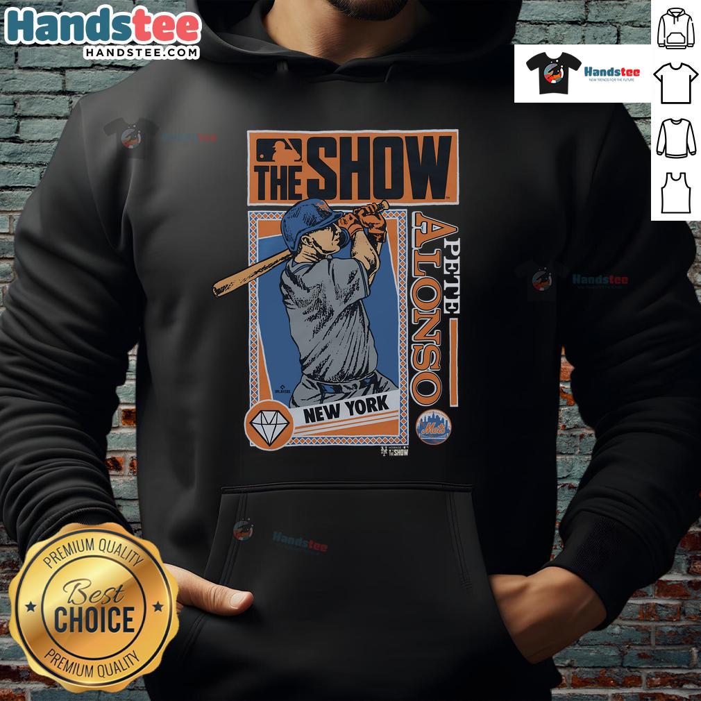 Good MLB The Show Mets Pete Alonso hoodie featuring vibrant team colors and player graphics, perfect for fans.