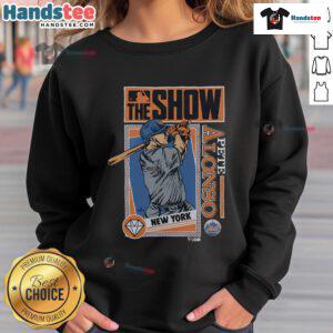 Good MLB The Show Mets Pete Alonso sweatshirt featuring vibrant team colors and player graphics for fans.