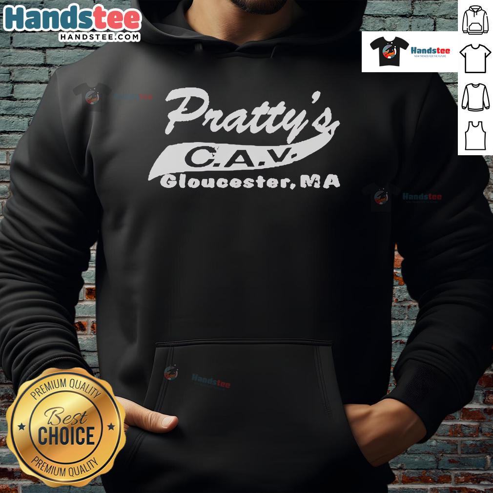 Good Manchester By The Sea Pratty's C.A.V. Hoodie displayed on a wooden background, showcasing its stylish design.
