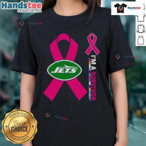 Good New York Jets X Cancer Awareness 'I'm a Survivor' Ladies Tee showcasing support for cancer survivors and NFL pride.