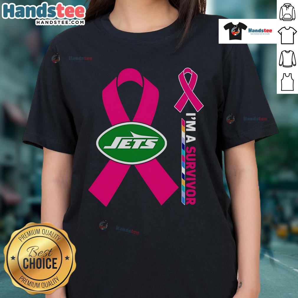 Good New York Jets X Cancer Awareness 'I'm a Survivor' Ladies Tee showcasing support for cancer survivors and NFL pride.
