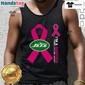 New York Jets cancer awareness tank top featuring 'I'm a Survivor' message, perfect for showing support and strength.